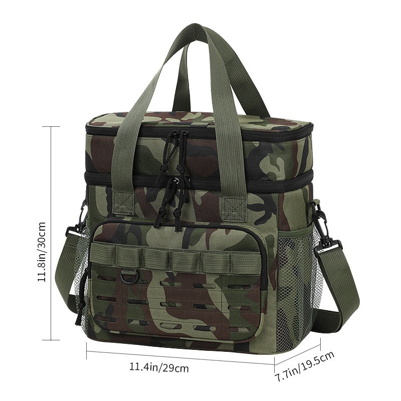 Outdoor Double-Layer Cooler Bag with Camouflage Design, Large Capacity Shoulder Tote for Picnics and Food Delivery