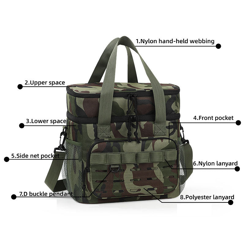 Outdoor Double-Layer Cooler Bag with Camouflage Design, Large Capacity Shoulder Tote for Picnics and Food Delivery