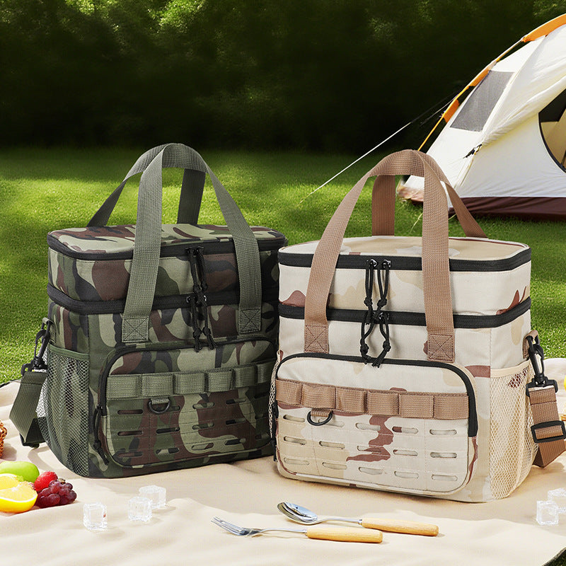 Outdoor Double-Layer Cooler Bag with Camouflage Design, Large Capacity Shoulder Tote for Picnics and Food Delivery